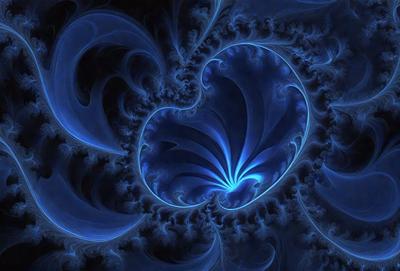 The primary subject of the image is a blue spiral, which appears to be a swirling pattern or a blue heart shape. The setting is a dark blue background, which contrasts with the blue spiral. The visual style of the image is digital art, as it is a computer-generated or digitally created pattern. The dominant colors in the image are blue, creating a calm and serene atmosphere.