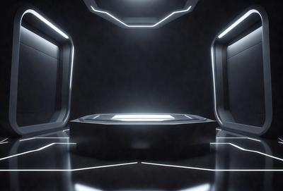The primary subject of the image is a futuristic room with a black and white color scheme. The room features a large, open space with a central platform. The setting is a dark room with a glowing, illuminated area, creating a contrast between the darkness and the light. The visual style of the image is a combination of digital art and illustration, giving it a futuristic and modern appearance. The colors and mood of the image are predominantly black and white, with a hint of blue, creating a