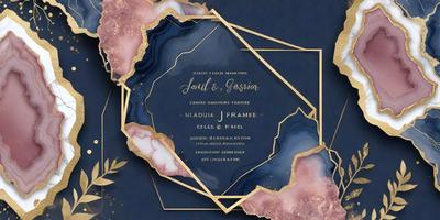 The primary subject of the image is a wedding invitation featuring a blue and gold color scheme. The invitation is designed with a unique and artistic style, making it stand out. The setting is a beautifully crafted card, likely made with paper or other materials, and the visual style is a combination of digital art and illustration. The colors and mood of the invitation are elegant and sophisticated, creating a warm and inviting atmosphere for the upcoming wedding celebration.