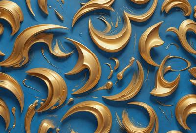 The primary subject of the image is a collection of gold-colored sculptures or decorations, which are arranged on a blue background. The setting appears to be a wall or a surface where these decorations are displayed. The visual style of the image is a combination of photo and digital art, as it showcases the intricate details of the gold sculptures. The colors and mood of the image are predominantly gold and blue, creating a sense of elegance and sophistication.