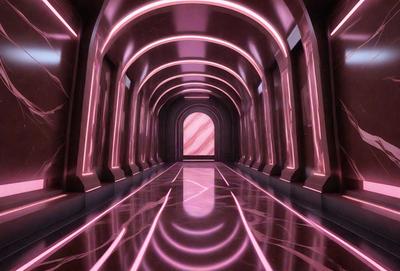 The primary subject of the image is a long, narrow hallway with a pink lighting effect. The setting is a futuristic environment, possibly a space station or a futuristic building. The visual style is a combination of photo and digital art, creating a unique and captivating atmosphere. The dominant colors are pink and purple, giving the scene a futuristic and surreal feel.