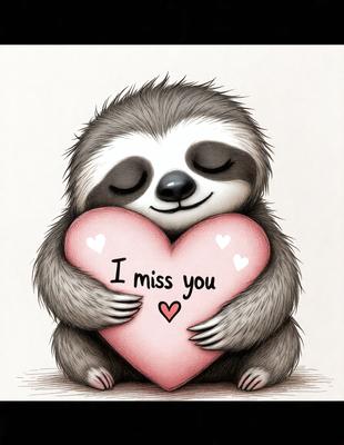 The primary subject of the image is a cute cartoon of a sloth holding a heart. The setting is a white background, and the visual style is a digital illustration. The colors are predominantly pink and red, creating a warm and affectionate atmosphere.
