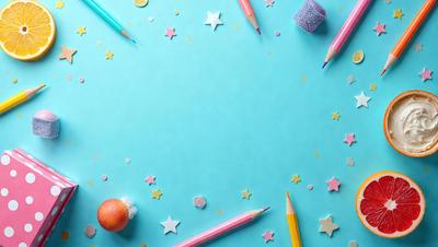 The primary subject of the image is a blue table with a variety of items on it. The table is covered with a blue sheet, and there are stars scattered across the surface. The setting is a room with a blue table, and the visual style is a combination of photo and digital art. The colors and mood of the image are predominantly blue, with a touch of pink from the pink pencils.