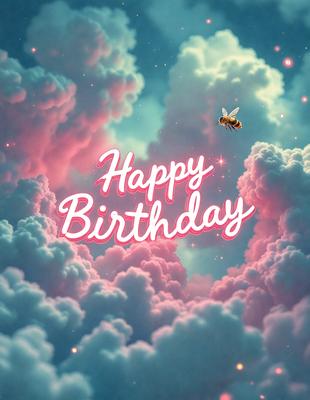 Happy Birthday: [The main object, scene, or focus of the image is a birthday message.]

Setting/background: [The environment, backdrop, or surface visible is a cloudy sky.]

Visual style: [The image is a digital art or illustration.]

Colors and mood: [The dominant colors are pink and purple, and the overall atmosphere is cheerful and celebratory.]