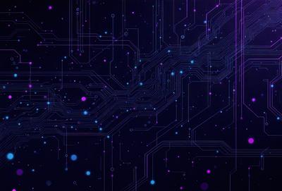 The primary subject of the image is a complex network of interconnected lines, which are likely a representation of a computer circuit board. The setting is a dark background, which contrasts with the brightly lit circuit board. The visual style appears to be a digital art or illustration, as the lines are intricately connected and the overall composition is visually appealing. The colors and mood of the image are predominantly purple, which adds a sense of depth and sophistication to the scene.