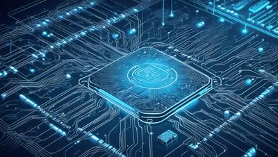 The primary subject of the image is a blue and white computer chip. The setting is a blue background with a network of wires and connections surrounding the chip. The visual style is a digital art or illustration, showcasing the intricate details of the chip. The colors and mood are predominantly blue and white, giving the image a clean and modern appearance.