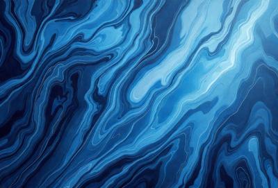 The primary subject of the image is a blue and white ocean scene. The setting is the ocean, with a blue background and a white and blue wave pattern. The visual style is a painting, which gives the image a vibrant and artistic appearance. The dominant colors are blue and white, creating a serene and calming atmosphere.
