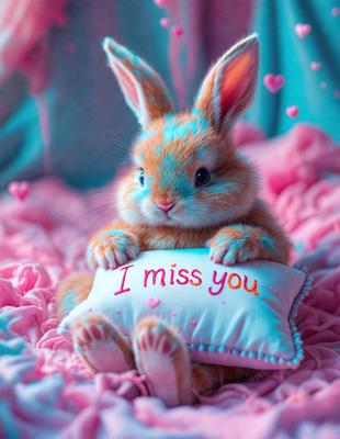 The primary subject of the image is a small, cute bunny sitting on a pink surface. The bunny is holding a pillow with the words "I miss you" written on it. The setting appears to be a cozy and comfortable environment, possibly a bed or a couch. The visual style of the image is a combination of a photo and digital art, creating a heartwarming and adorable scene. The colors in the image are predominantly pink, which adds to the overall warm and