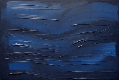 The primary subject of the image is a blue ocean with waves. The setting is a vast expanse of water, and the visual style is a painting or drawing. The colors and mood of the image are predominantly blue, creating a serene and calming atmosphere.