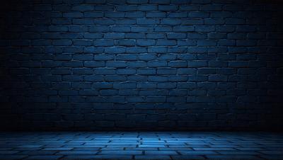The primary subject of the image is a blue brick wall. The setting is a dark room with a blue brick wall as the main focus. The visual style is a digital art or illustration, creating a moody atmosphere. The dominant colors are blue and black, with the blue brick wall being the most prominent feature in the scene.