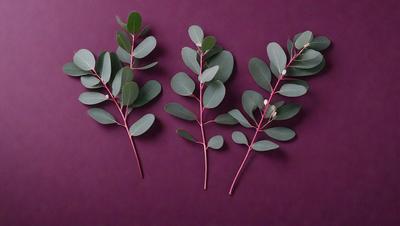 The image features three green leaves placed on a purple background. The leaves are arranged in a row, with one leaf on the left, one in the middle, and one on the right. The leaves are placed close to each other, creating a visually appealing composition. The purple background provides a contrasting color to the green leaves, making the image visually striking.