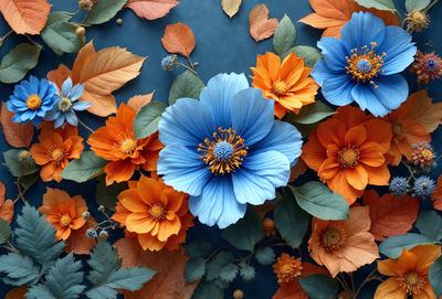 The primary subject of the image is a blue flower with a yellow center, surrounded by orange flowers. The setting is a blue background, and the visual style appears to be a photo. The dominant colors in the image are blue, orange, and yellow, creating a warm and vibrant atmosphere.