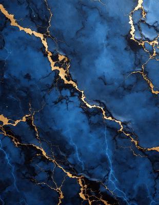 The primary subject of the image is a blue marble wall with gold accents. The setting is a room with a blue marble wall as the main focus. The visual style is a combination of a photo and digital art, creating a unique and eye-catching design. The dominant colors are blue and gold, giving the wall a luxurious and elegant appearance.