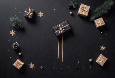The primary subject of the image is a close-up of a bow-tied gift, which is placed on a black background. The setting is a dark room, and the visual style appears to be a combination of a photo and digital art. The colors and mood of the image are predominantly dark, with the gold bow on the gift being the main source of color.