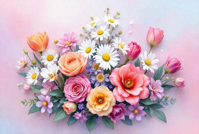 The primary subject of the image is a bouquet of flowers, which are the main objects in the scene. The flowers are arranged in a vase, creating a visually appealing display. The setting is a pink background, which adds a touch of color and warmth to the scene. The visual style of the image is a combination of photo and digital art, resulting in a realistic yet artistic representation of the flowers. The colors and mood of the image are predominantly pink, which evokes feelings of love,