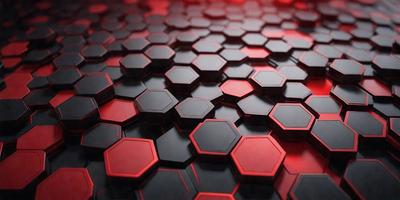 The primary subject of the image is a close-up of a red and black patterned surface, which appears to be a textured wall or a patterned carpet. The setting is indoors, with the patterned surface covering the entire background. The visual style is a close-up, which emphasizes the intricate details of the pattern. The dominant colors are red and black, creating a bold and striking appearance.
