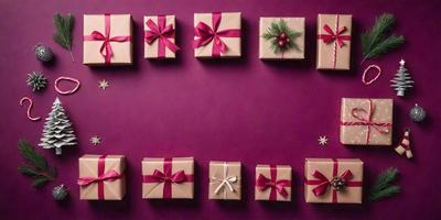 The image features a purple wall with a row of six different colored gift boxes. Each box has a bow on top, and they are arranged in a neat row. The colors of the boxes are varied, creating a visually appealing display. The overall atmosphere of the image is festive and celebratory, likely associated with gift-giving during the holiday season.
