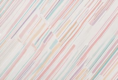 The primary subject of the image is a colorful, patterned wallpaper with a striped design. The setting is a room with a white background, and the visual style appears to be a combination of a photo and a digital art or illustration. The dominant colors in the image are pink, blue, and white, creating a cheerful and vibrant atmosphere.