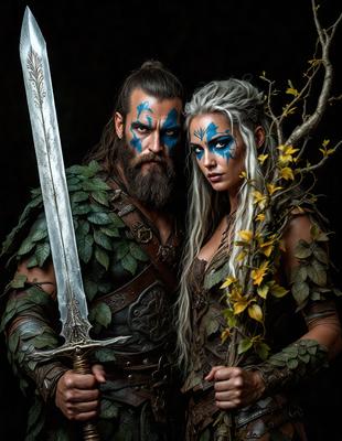 The primary subject of the image is a man and a woman dressed in costumes, possibly as elves. They are standing close to each other, posing for the camera. The setting appears to be a dark room, with a tree in the background. The visual style of the image is a combination of photo and digital art, creating a unique and intriguing atmosphere. The dominant colors in the image are dark and earthy tones, which contribute to the overall mood of the scene.