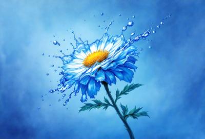 The primary subject of the image is a single blue flower with a yellow center, floating in a blue water-like substance. The setting appears to be a blue background, which adds to the overall mood of the image. The visual style of the image is a combination of digital art and illustration, creating a unique and artistic representation of the flower. The colors and mood of the image are predominantly blue, with the blue flower and blue water-like substance creating a serene and calming atmosphere.
