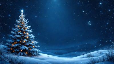 Primary subject: A snow-covered Christmas tree.

Setting/background: A snowy field at night.

Visual style: Digital art.

Colors and mood: The image is in black and white, giving it a classic and timeless feel. The snow-covered tree and the night sky create a serene and peaceful atmosphere.