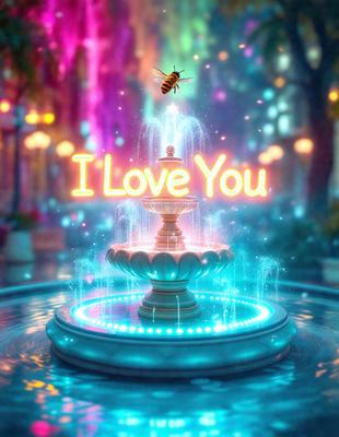 The primary subject of the image is a fountain with a bee on top of it. The fountain is located in a park, surrounded by a beautiful environment. The visual style of the image is digital art, giving it a unique and creative appearance. The colors and mood of the image are predominantly blue, creating a serene and calming atmosphere.