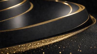 The primary subject of the image is a close-up of a gold circle with a black background. The setting is a dark room, and the visual style appears to be a combination of a photo and digital art. The dominant colors are gold and black, creating a sense of luxury and sophistication.