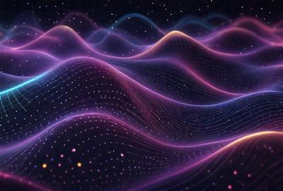 The primary subject of the image is a purple and blue wave pattern. The setting is a dark background, which contrasts with the vibrant colors of the wave pattern. The visual style is a digital art or illustration, as the wave pattern appears to be a digital creation. The dominant colors are purple and blue, creating a calming and serene atmosphere.