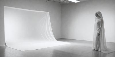 The primary subject of the image is a white sheet or curtain hanging in a room. The setting is a white room with a white wall, creating a clean and minimalistic atmosphere. The visual style appears to be a photo, as it captures the sheet or curtain in its natural environment. The colors and mood of the image are predominantly white, giving it a calm and serene appearance.