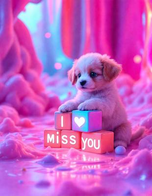 The image features a small puppy sitting on top of a pink block with the words "I miss you" written on it. The puppy appears to be looking at the camera, and the scene is set in a pink environment. The visual style of the image is a combination of photo and digital art, creating a heartwarming and playful atmosphere.