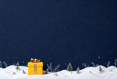 The primary subject of the image is a yellow box with a bow on top, placed in a snowy environment. The setting is a snow-covered ground, and the visual style appears to be a digital art or illustration. The colors and mood of the image are predominantly white and cold, with the yellow box adding a touch of warmth and brightness to the scene.