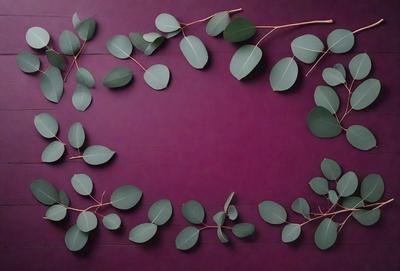 The primary subject of the image is a large arrangement of green leaves, which are displayed on a purple wall. The leaves are arranged in a circular pattern, creating a visually appealing and artistic display. The setting is indoors, with the leaves being the main focus of the scene. The visual style of the image is a combination of photo and digital art, as it appears to be a photograph of a digital art piece. The dominant colors in the image are purple and green, giving the scene a calm and serene atmosphere
