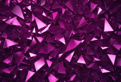 The primary subject of the image is a large pile of purple triangles. The setting is a purple background, which creates a visually striking contrast with the triangles. The visual style is a close-up of the triangles, showcasing their unique shapes and patterns. The colors and mood of the image are predominantly purple, giving it a vibrant and lively atmosphere.