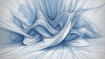 The primary subject of the image is a blue and white drawing of a swirling, flowing pattern. The setting is a white background, and the visual style appears to be a combination of digital art and illustration. The colors and mood of the image are predominantly blue and white, creating a sense of calmness and fluidity.