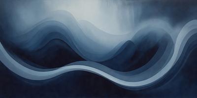 The primary subject of the image is a large, blue wave with white and blue swirls. The wave is the main focus of the image, and it is set against a dark blue background. The visual style of the image is a painting, which gives it a more artistic and creative appearance. The dominant colors in the image are blue and white, creating a sense of depth and movement in the scene.