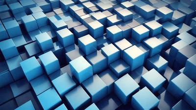 The primary subject of the image is a blue, three-dimensional grid of cubes. The setting is a blue background, and the visual style is a digital art or illustration. The dominant colors are blue and white, creating a calm and serene atmosphere.