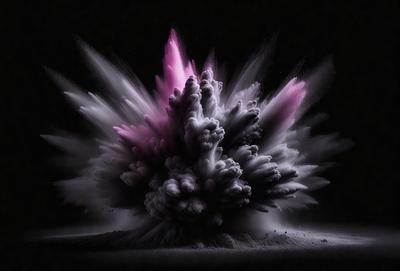 The primary subject of the image is a large, purple, smoke-like explosion. The setting is a dark background, which contrasts with the bright purple color of the explosion. The visual style appears to be a combination of a photo and digital art, creating a unique and striking effect. The colors and mood of the image are predominantly dark and dramatic, with the purple explosion standing out as the focal point.