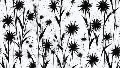 The primary subject of the image is a pattern of black and white flowers. The setting is a white background, and the visual style appears to be a combination of a photo and digital art. The dominant colors are black and white, creating a classic and elegant atmosphere.