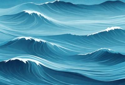 The primary subject of the image is a large body of blue water, featuring a wave that is crashing. The setting is a vast ocean, and the visual style is a digital art or illustration. The dominant colors are blue and white, creating a serene and calming atmosphere.