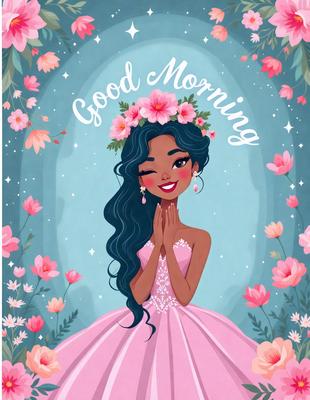 The primary subject of the image is a young girl wearing a pink dress and a flower crown. She is smiling and appears to be posing for the camera. The setting is a garden, with flowers surrounding her. The visual style is a digital art illustration, featuring a vibrant pink color scheme and a whimsical, playful atmosphere.