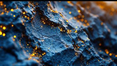 The primary subject of the image is a close-up of a rock with a blue background. The rock appears to be a dark blue color, and it has a glowing, sparkling effect, possibly due to the lighting or the rock's texture. The visual style of the image is a close-up, focusing on the rock's details. The colors and mood of the image are predominantly dark blue, with the glowing effect adding a sense of depth and interest to the scene.