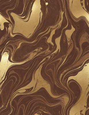 The primary subject of the image is a close-up of a brown and gold marbled wallpaper. The setting is a room with a marbled wall, and the visual style is a patterned wallpaper. The dominant colors are brown and gold, creating a warm and luxurious atmosphere.
