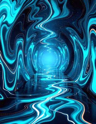 The primary subject of the image is a tunnel with a blue light illuminating it. The setting is a futuristic environment, possibly a space station or a subterranean passage. The visual style is a digital art or illustration, creating a surreal and otherworldly atmosphere. The dominant colors are blue and purple, giving the scene a calming and serene mood.