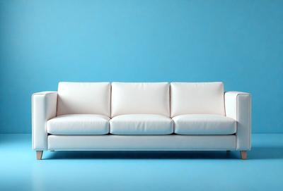 The primary subject of the image is a white couch, which is the main object in the scene. The couch is placed against a blue wall, creating a striking contrast between the white furniture and the vibrant blue background. The visual style of the image is a photo, capturing the couch and its surroundings in a realistic manner. The colors and mood of the image are predominantly white and blue, giving it a clean and calming atmosphere.