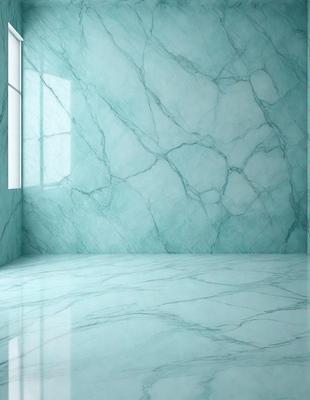The primary subject of the image is a large, white marble wall with a blue tint. The setting is a room with a window, and the visual style appears to be a photo. The dominant colors are white and blue, creating a clean and serene atmosphere.
