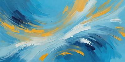 The primary subject of the image is a painting of a blue ocean with yellow and orange swirls. The setting is a blue background, and the visual style appears to be a digital art or illustration. The dominant colors in the painting are blue, yellow, and orange, creating a vibrant and lively atmosphere.