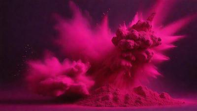 The primary subject of the image is a pink explosion, which appears to be a painting or digital art. The setting is a dark background, and the visual style is artistic. The dominant colors in the image are pink and purple, creating a vibrant and energetic atmosphere.