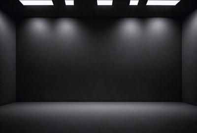 The primary subject of the image is a black stage with a black background. The setting is a theater or a stage, and the visual style is a black and white photo. The colors and mood of the image are predominantly dark and dramatic, creating a sense of mystery and intensity.