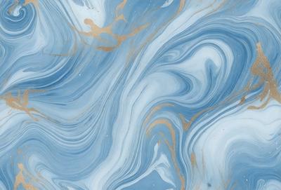 The primary subject of the image is a blue and gold swirling pattern, which appears to be a painting or a digital artwork. The setting is a blue background, and the visual style is a combination of painting and digital art. The dominant colors are blue and gold, creating a sense of depth and richness in the artwork.