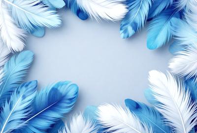 The primary subject of the image is a group of blue feathers, which are arranged in a circular pattern. The setting is a blue background, which provides a contrasting and visually appealing backdrop for the feathers. The visual style of the image is a combination of photo and digital art, creating a realistic yet artistic representation of the feathers. The colors and mood of the image are predominantly blue, giving it a calm and serene atmosphere.